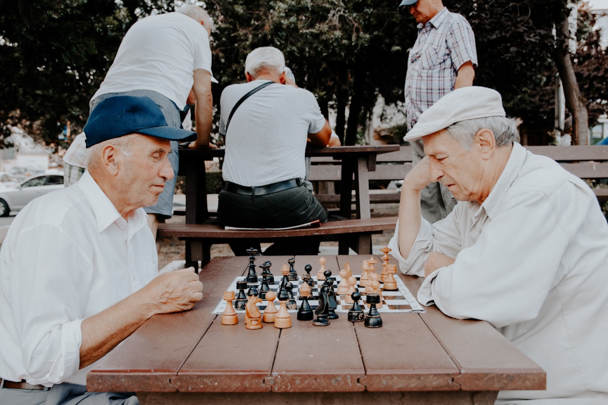 Two gentlemen playing chess at a park table
